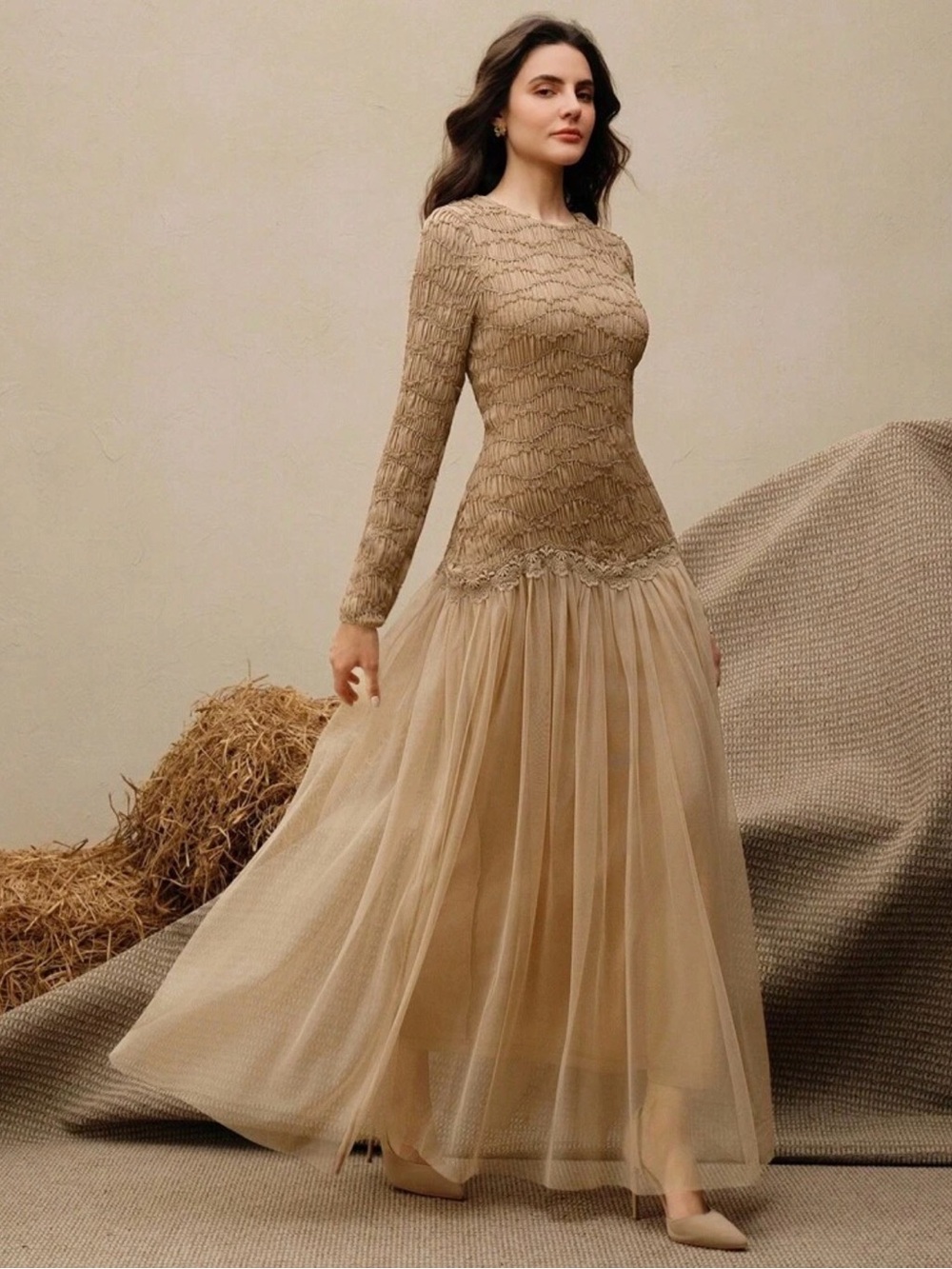 Elegant Beige Long-Sleeve Maxi Dress with Lace Bodice